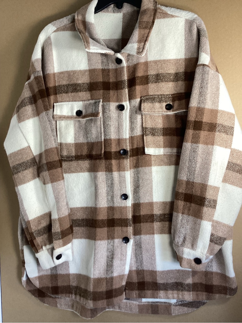 Western Plaid Utility Shacket Jacket - Cream & Brown sz L - Picture 4 of 8